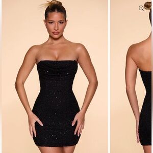 Ohpolly Basel Black Embellished strapless cowl neck mini dress